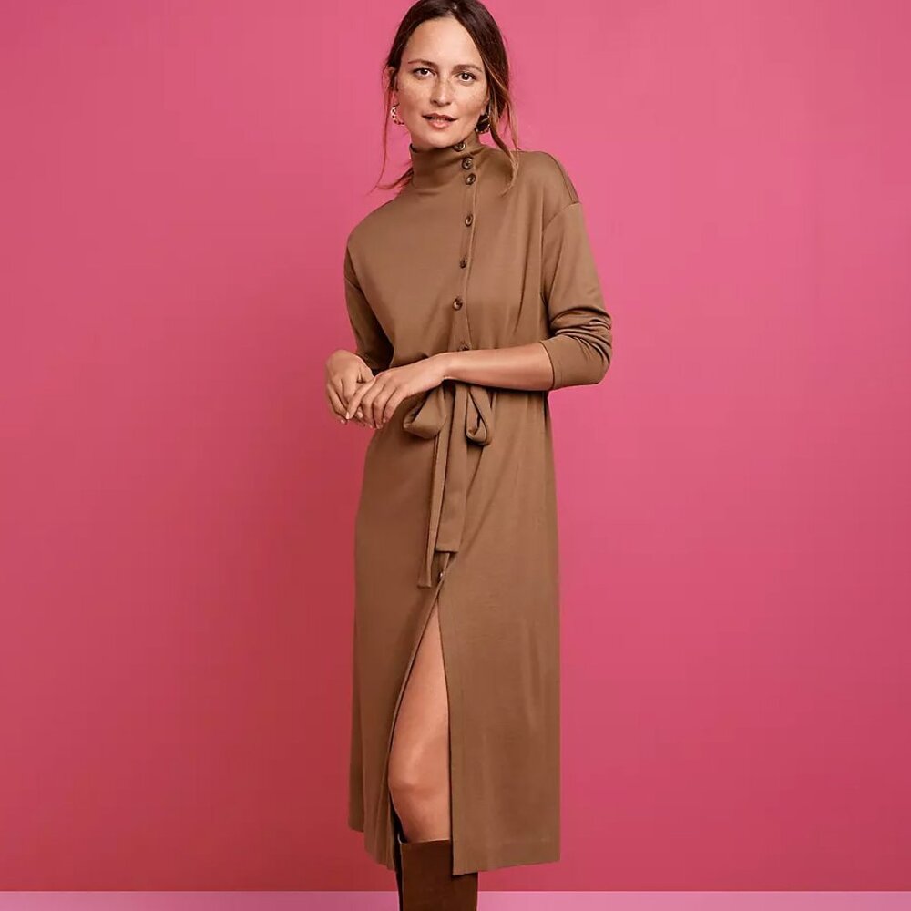 Ann Taylor Long Sleeve Midi Dress in Camel Brown